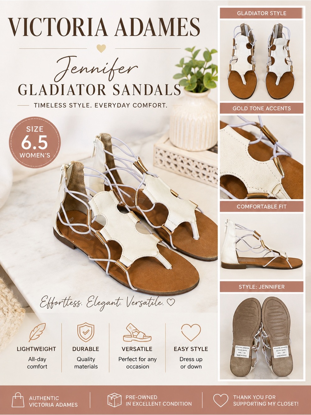 Victoria Adames Jennifer Gladiator Sandals — White with Gold Accents size 6.5